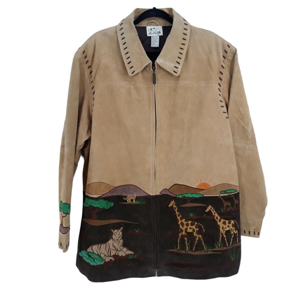 Vintage 80's Leather Coat Western Safari Whimsical Animal‎ Patchwork Tan Sz 2X